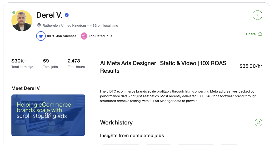 Upwork Top Rated Plus profile screenshot for Derel Valarian